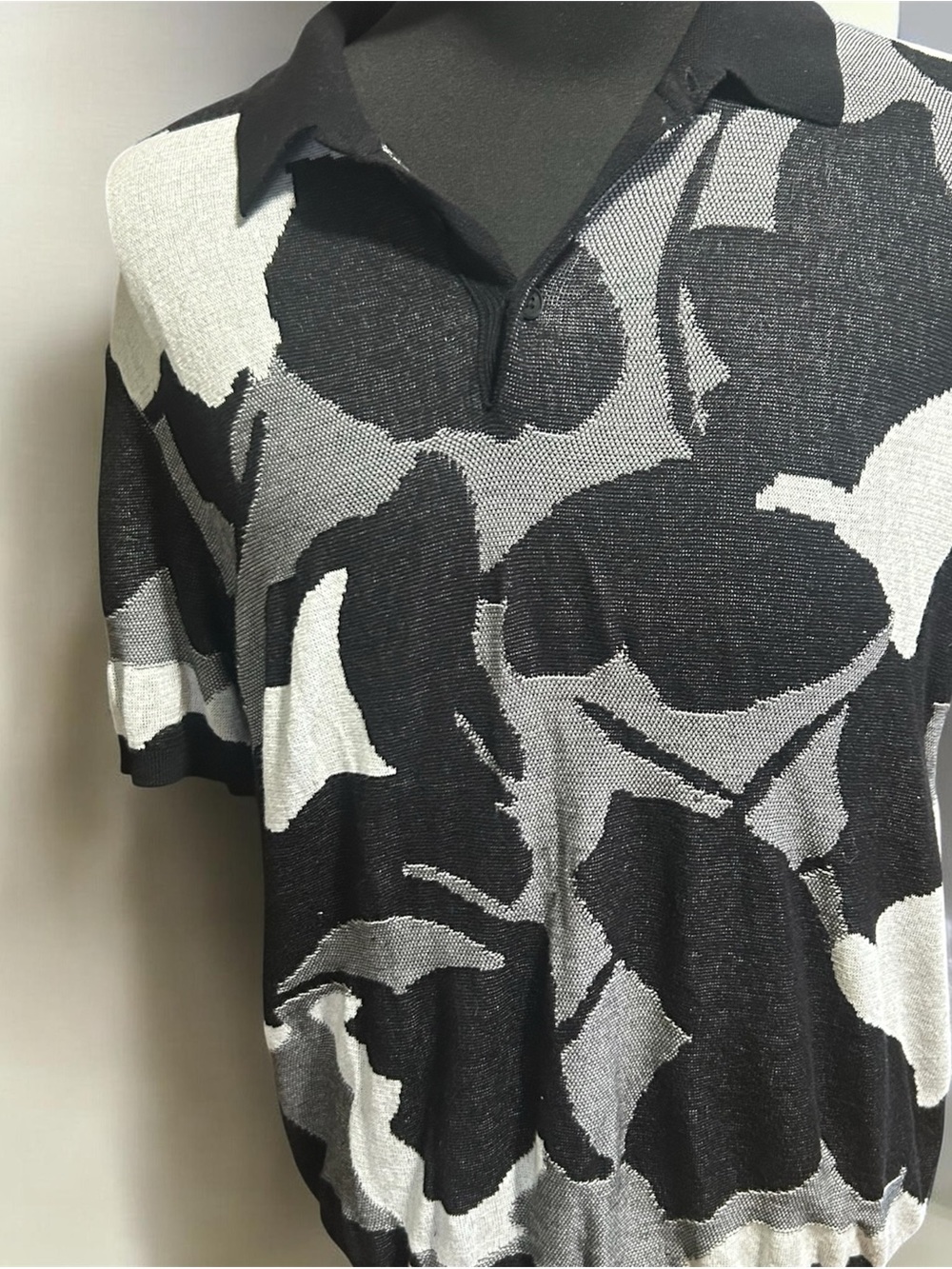 Perry Ellis Black & Gray Short-Sleeve Collared Knit Tee XL EUC